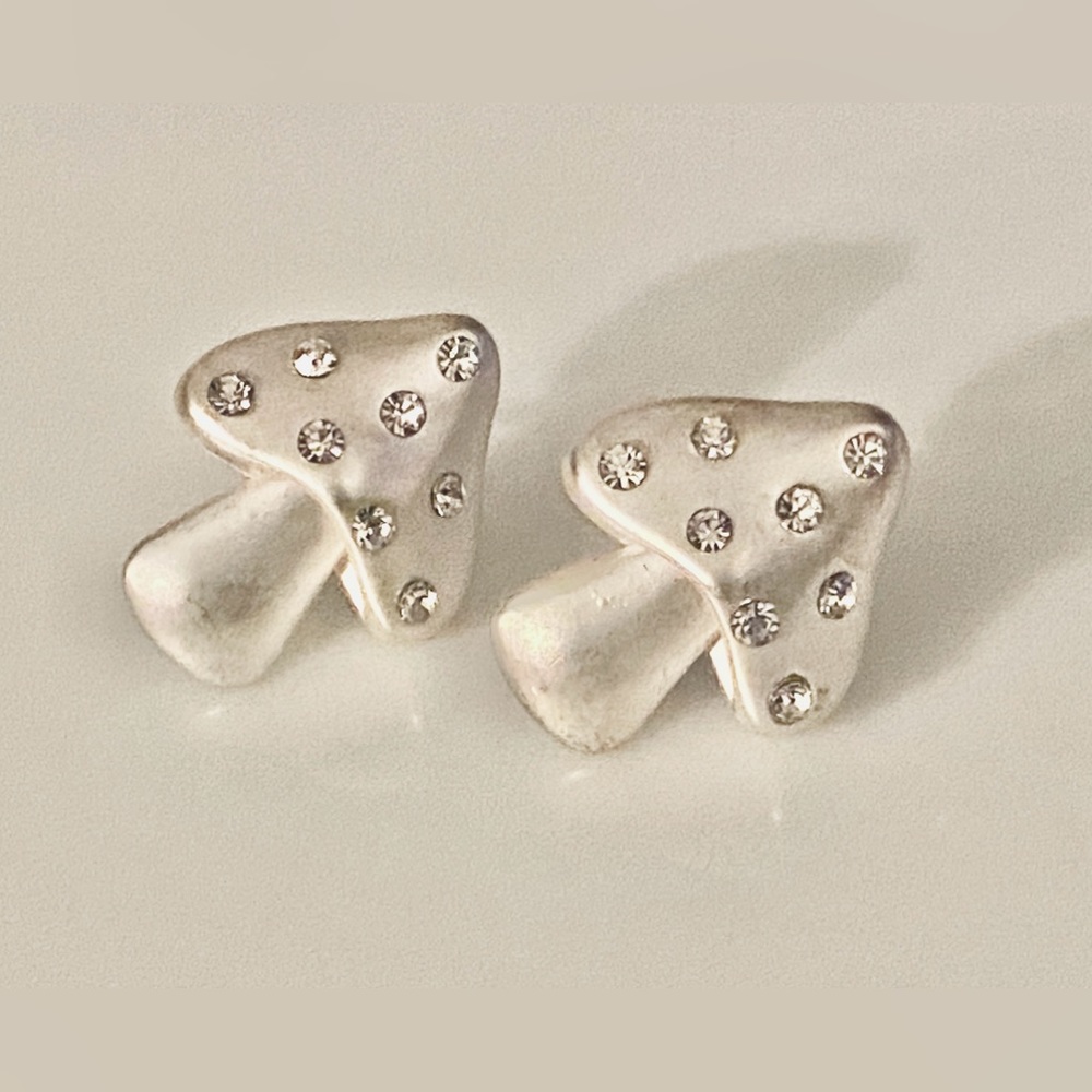 Muted silver tone and rhinestone mushroom earrings by ITS SENSE